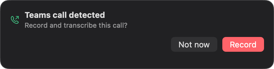 A meetre prompt asking whether to record a detected Teams call, with Not now and Record buttons