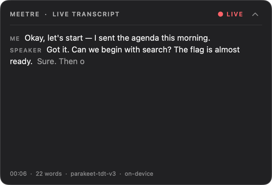 The live transcript overlay, a dark panel with captions labelled by speaker