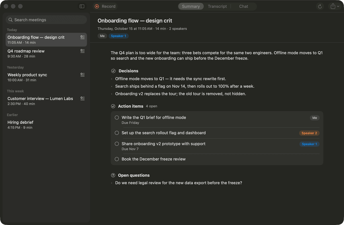 A Meetre summary with sections for decisions, action items with owners, and open questions