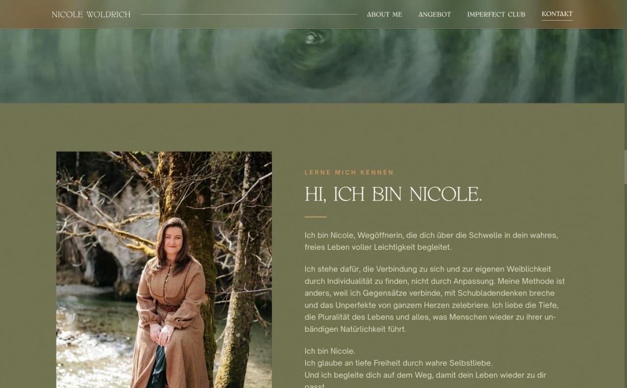 About section: Nicole by a forest river next to a short personal introduction