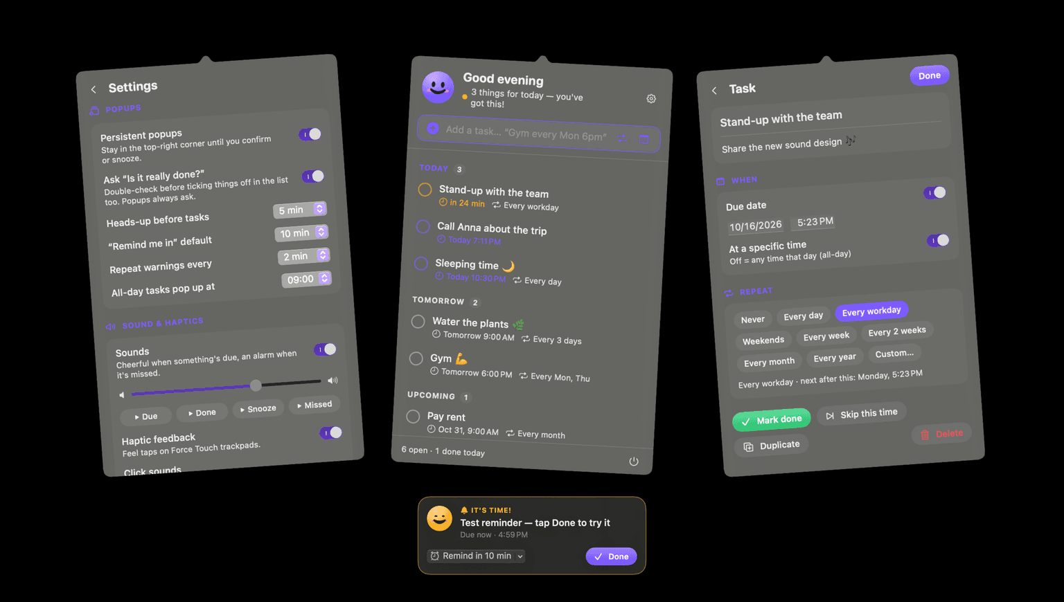 The four TaskAlarm screens, including the sound settings with preview buttons for Due, Done, Snooze and Missed.
