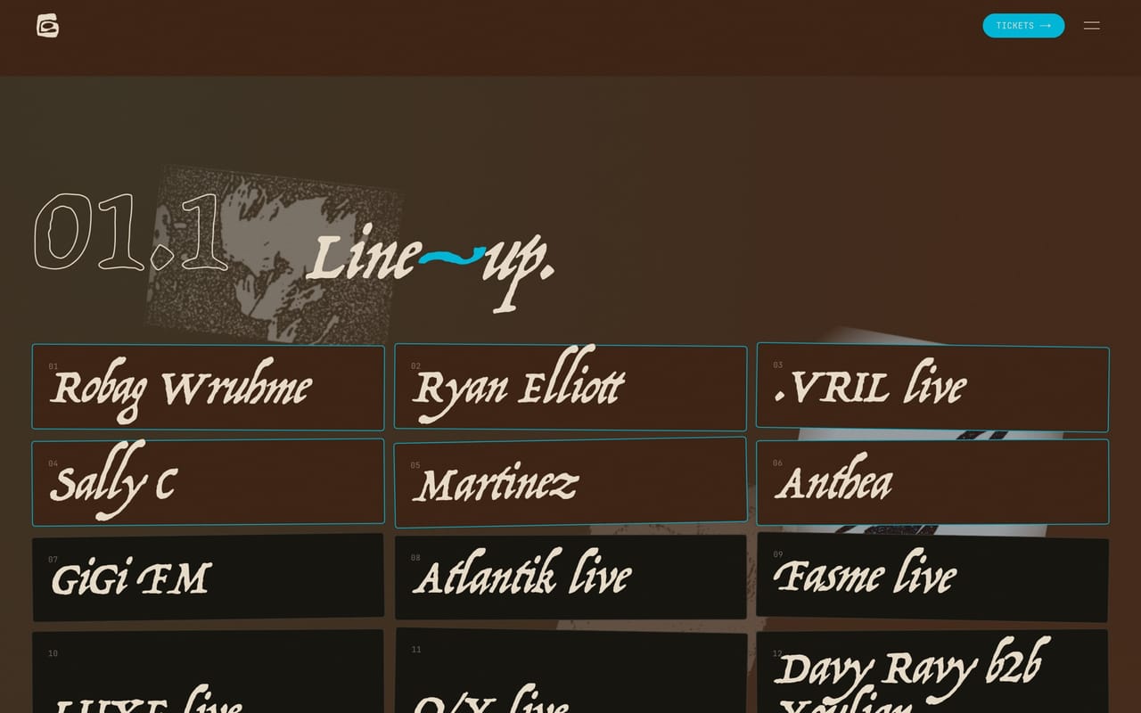 Line-up page with hand-drawn underline and teal accent