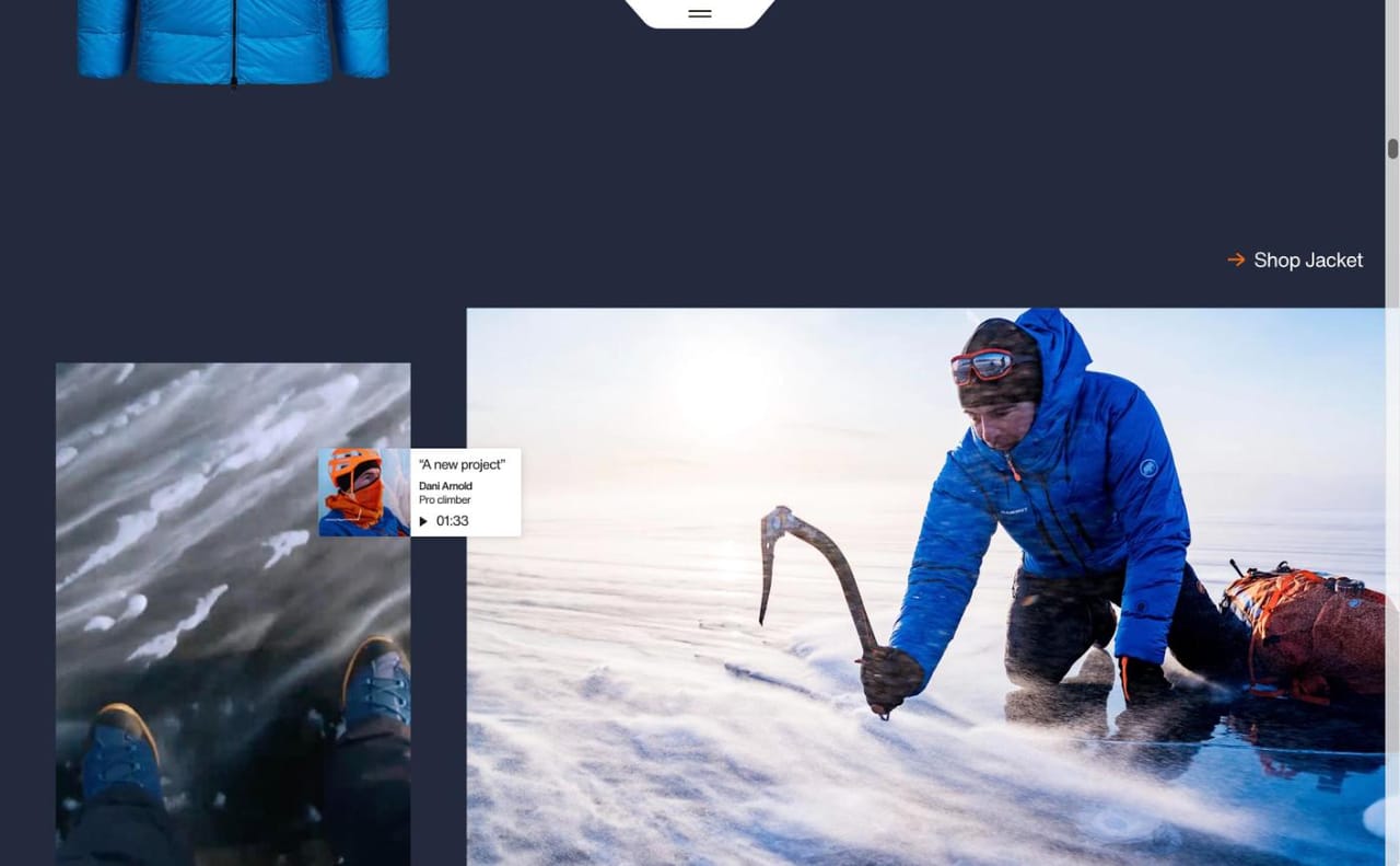 The Eigerjoch jacket next to expedition photos and a small video card from Dani Arnold