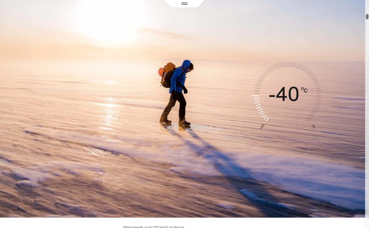 A climber crossing the frozen lake in low sun, with a dial reading minus 40 degrees