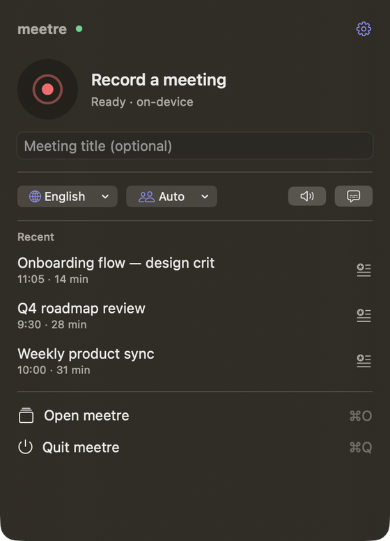 The Meetre menu bar popover, idle, with a large record button and the three most recent meetings