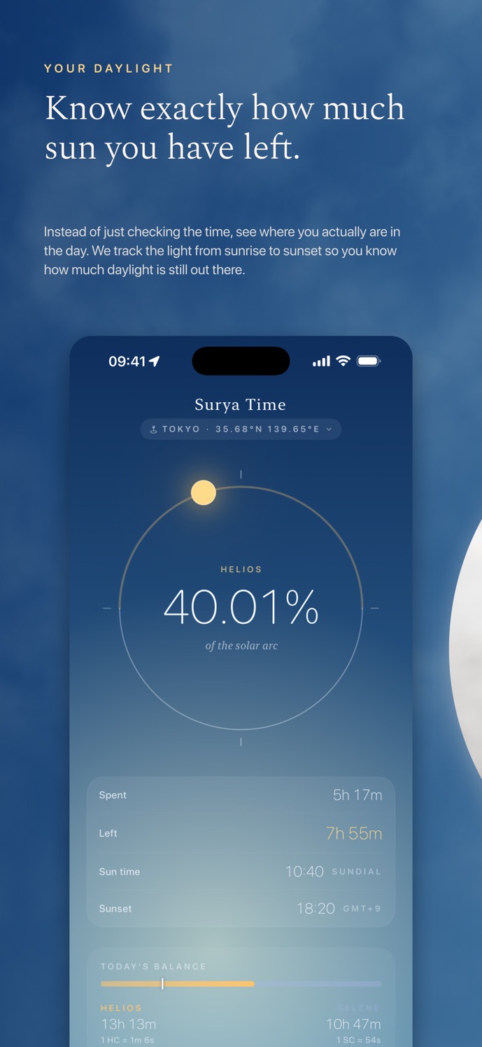 Surya's main screen with a circular dial showing 40.01 percent of the solar arc, plus time spent, time left and sunset