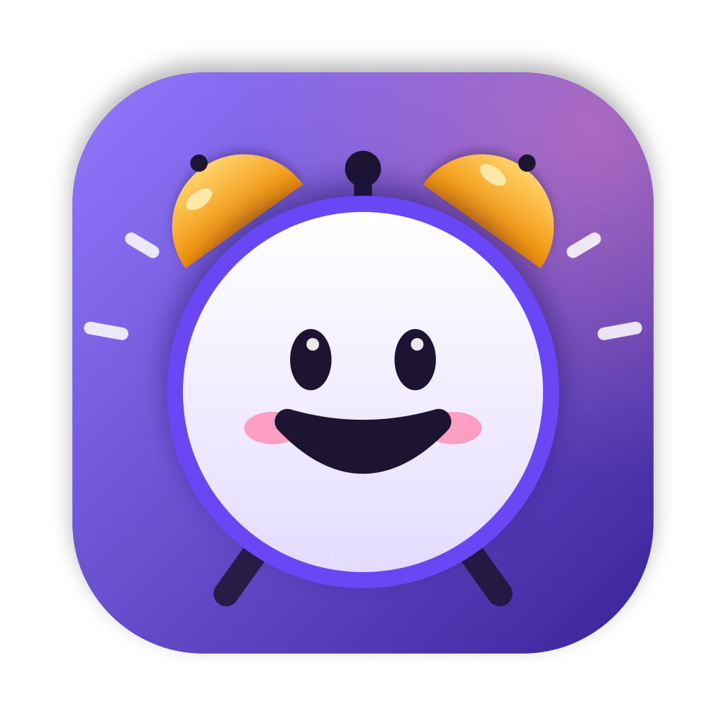 The TaskAlarm icon, a smiling purple alarm clock with pink cheeks and a sparkle in its eyes.